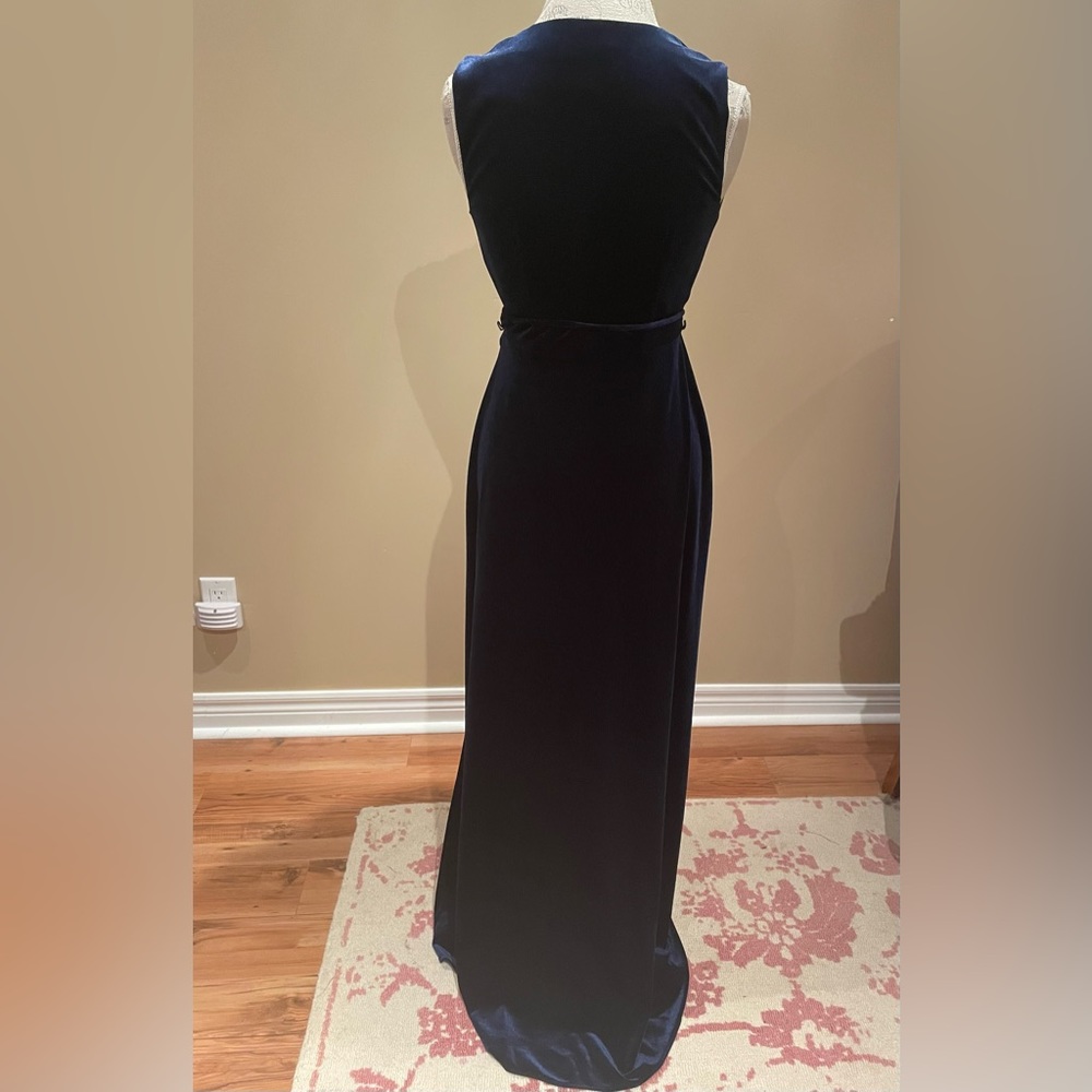 Aidan Mattox Navy Blue Velvet Maxi Dress with Plunging V-Neck & High Slit - Picture 8 of 9